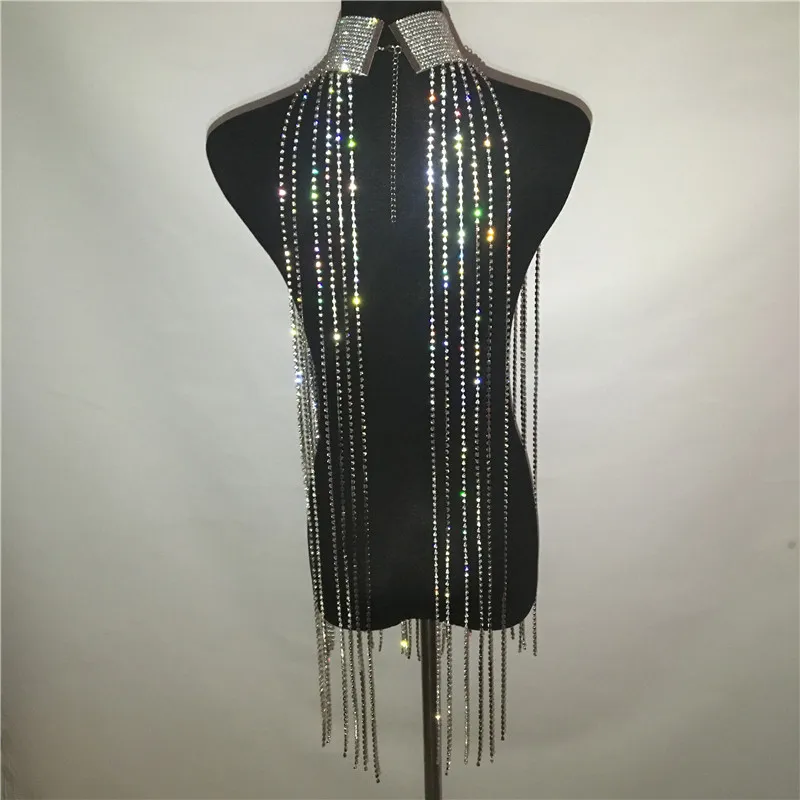 Women Sexy Rhinestone Nightclub Mini Dress Choker Halter Gold Silver Tassel Diamond Chain See Through Hollow Out Mini Dress