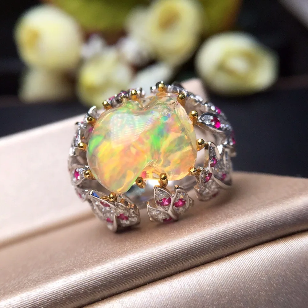 Хорошее ювелирное изделие Настоящее чистое 18 K Белый Золотой AU750 любовь натуральные желтые опаловые драгоценные камни 8ct женские кольца для женщин