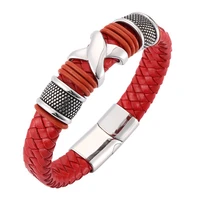 fashion mens accessories red braided leather bracelet men jewelry magnetic clasps stainless steel personality wristband sp0100