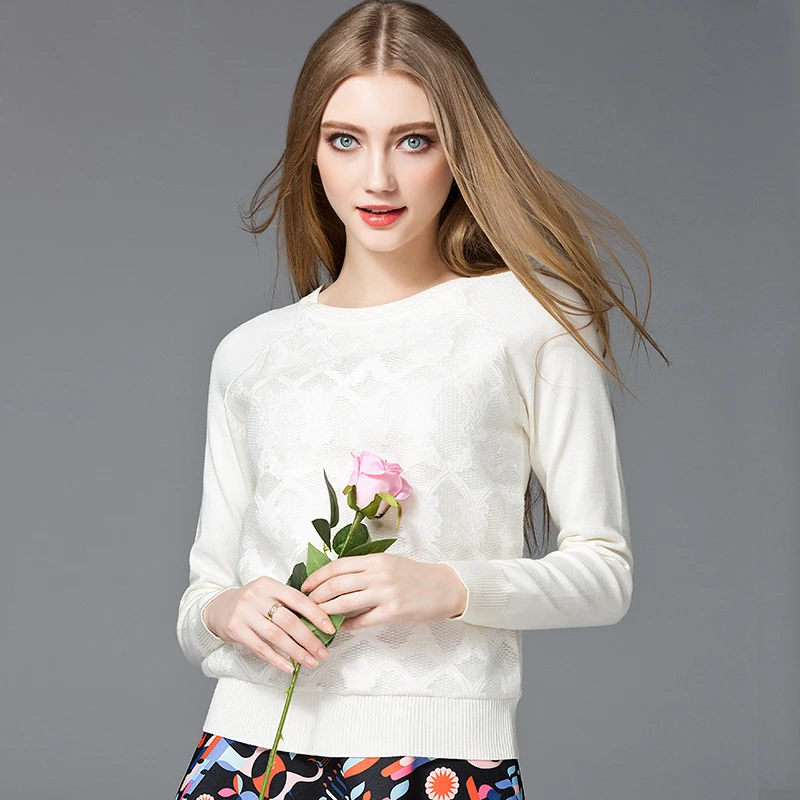 New Sky Blue White Lace Sweater for Women Casual O-Neck Long Sleeve Women's Sweaters Knitted Pullovers Fashion Female Loose Tops | Женская