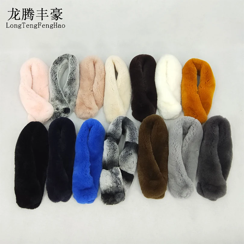 

65*9cm Women's Fur Scarves Solid Warm Real Rex Rabbit Fur Full Pelt Self-priming Buckle Small Scarf 14 colors