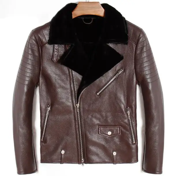 Mens Genuine Leather Bomber Pilot Jacket Sheepskin Winter Thick Warm Liner Cashmere Fur Collar Black Luxury Coats Plus Size 5XL | Мужская