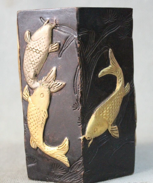 Bi001577 Династия Китайский Дворец Фиолетовый Бронзовый 24 К Золото Свинка Рыба Кисть
