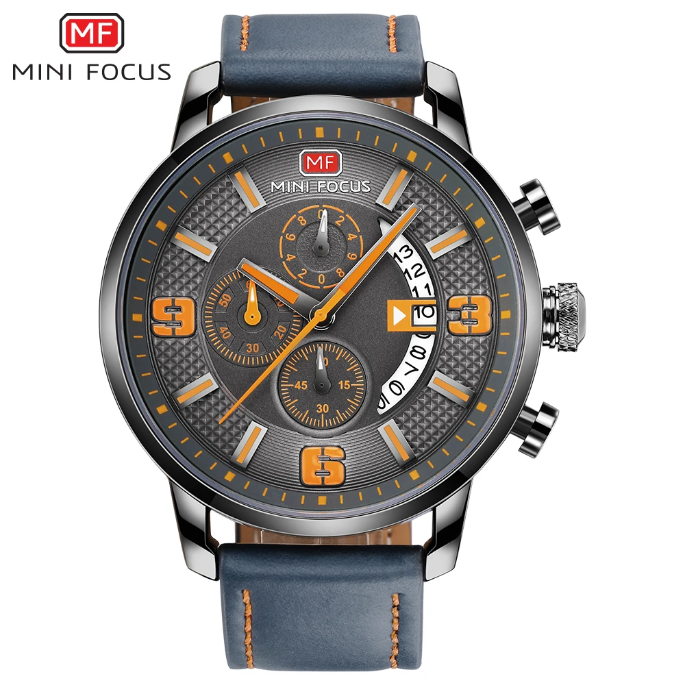 Yellow gray Спортивные часы с мини-фокусом для мужчин, роскошные повседневные часы с хронографом, кварцевые мужские часы из натуральной кожи, лучший бренд, Роскошные военные часы - Цвет: Yellow gray