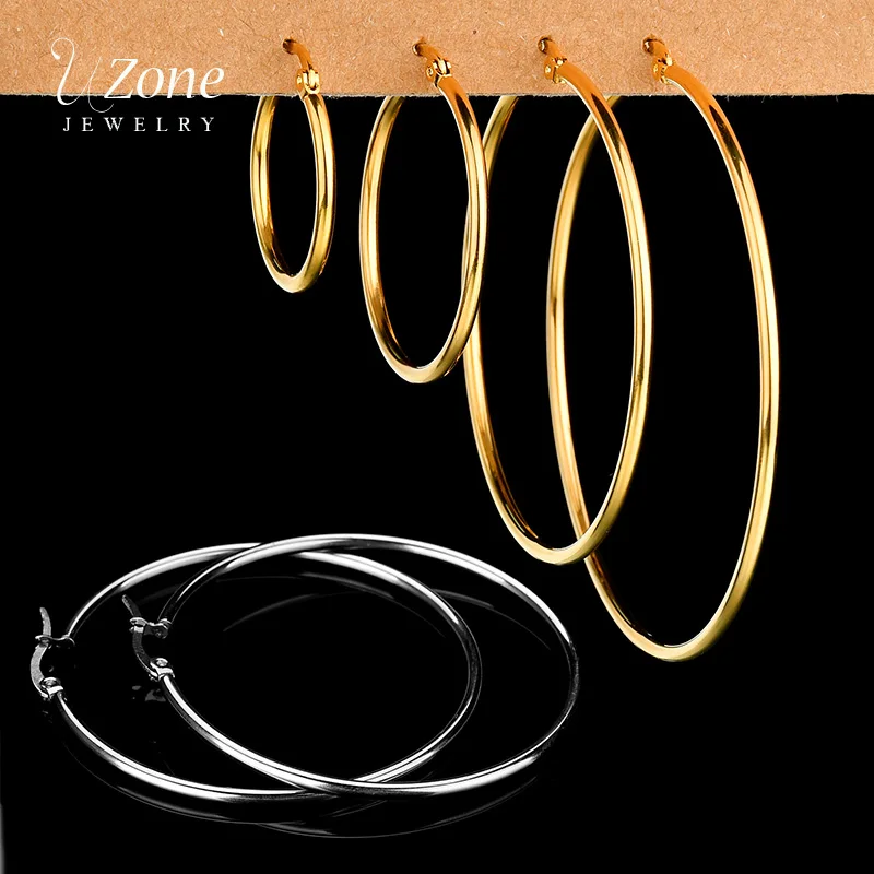 

UZone Stainless Steel Big Circle Smooth Hoop Earrings for Women Girls Gold Color Round Hoop Earrings Party Jewelry Gifts