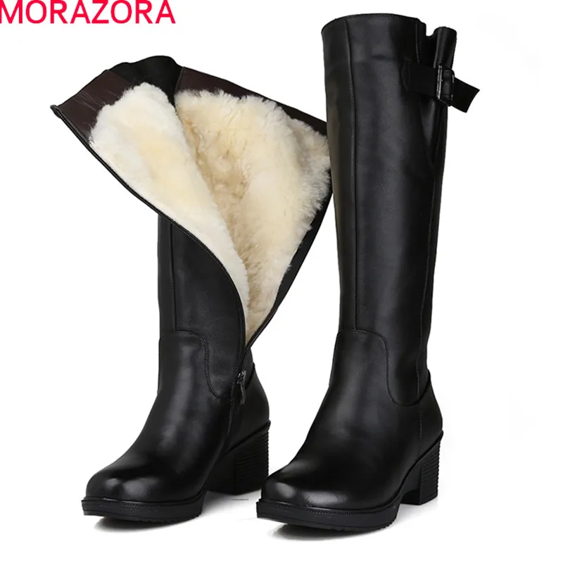 Женские сапоги из натуральной кожи MORAZORA черные до колена на платформе шерсти