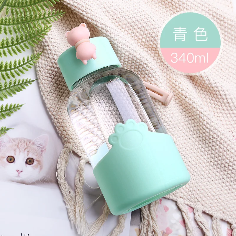cyan Милый дизайн стеклянная чашка бутылка с ручкой для воды кофейная кружка с силиконовым покрытием портативная бутылка для напитков для девочек стакан чашки - Цвет: cyan