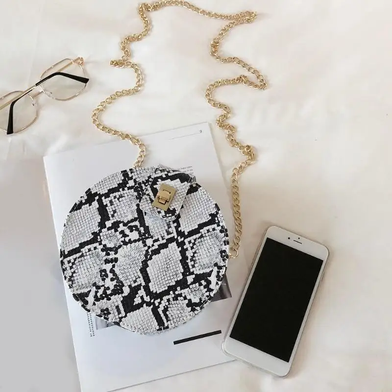 Retro Serpentine Chain Round Bag Women Handbags Printed Small PU Leather Shoulder Crossbody Bags Female Messenger Bag