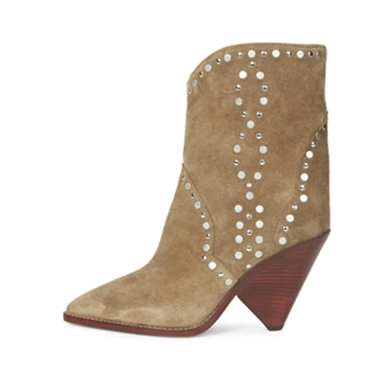 Женские замшевые ботинки с заклепками ковбойские ботильоны на высоком каблуке