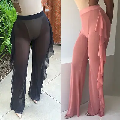 2017 Sexy Women Loose Stretch High Waist Wide Leg Long Pants Cotton Palazzo Trousers Look Through Mesh Summer Flare Pant | Женская