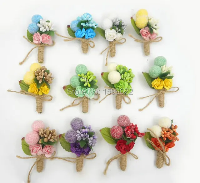 12pcs/lots Rustic Wedding Corsage Brooch for Bride Groom Mens Bestman Boutonniere Foam Balls Paper Flowers Prom Party Accessory
