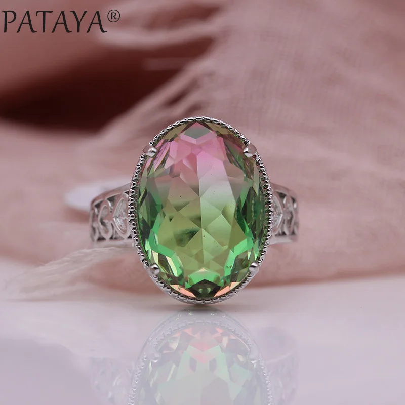 PATAYA, новинка, женские модные кольца для любви, белое золото, Овальный зеленый натуральный циркон, для свадьбы, вечеринки, разные цвета, полые, уникальные ювелирные изделия