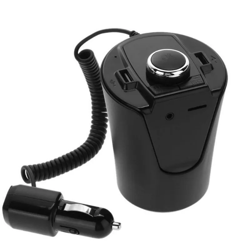 Держатель для чашки, Bluetooth, fm-передатчик, гарнитура, автомобильный комплект, беспроводной, Hands Free, MP3 аудио плеер, двойной USB, 2.1A, автомобильное зарядное устройство, адаптер - Название цвета: Черный