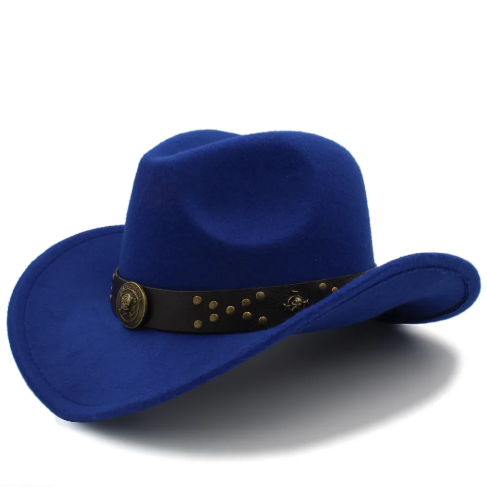 Классическая Женская шерстяная шляпа Chapeu западная ковбойская шляпа зима осень леди королева джаз пастушка Sombrero Hombre стимпанк Кепка размер 56-58 см - Цвет: Blue