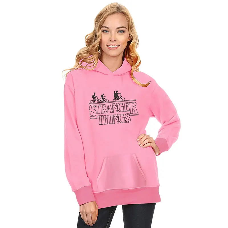 Фото WLLW Pink Sweatshirt Hoodies "Stranger Things" Letter Print Long Sleeve Casual Pullovers Loose Simple Pocket Hoodie Женская WLLW Pink Sweatshirt Hoodies "Stranger Things" Letter Print Long Sleeve Casual Pullovers Loose Simple Pocket Hoodie Женская