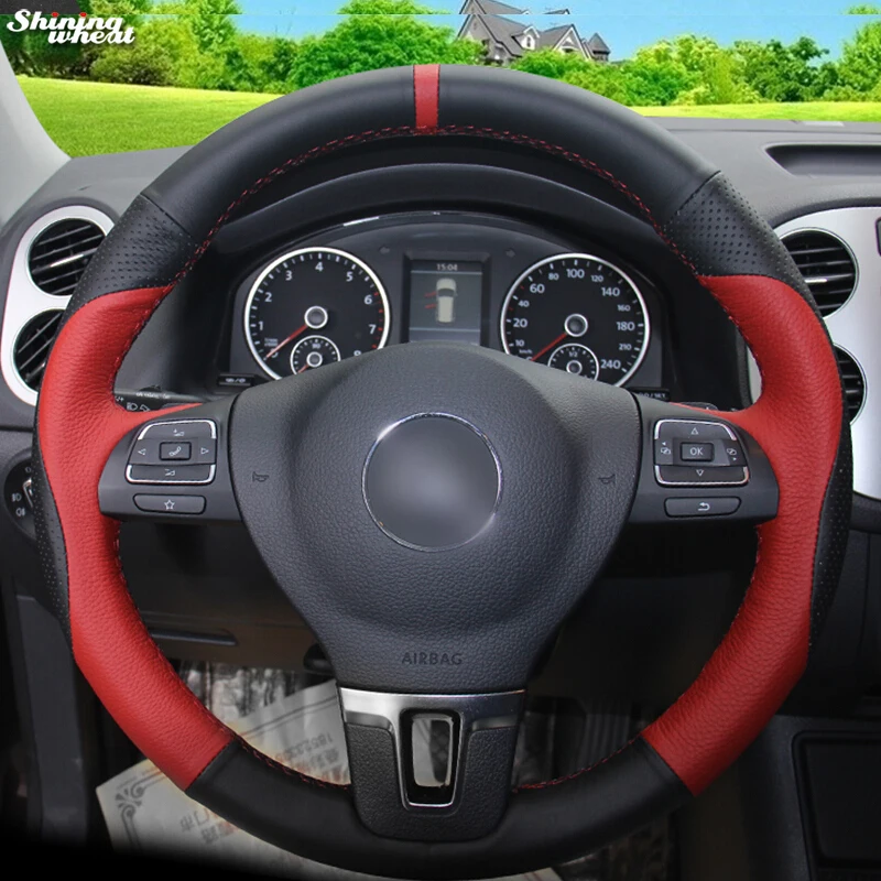 

BANNIS Red Black Leather Car Steering Wheel Cover for Volkswagen VW Gol Tiguan Passat B7 Passat CC Touran Magotan