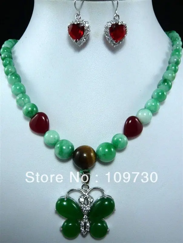 Jewelry 00513 10 color-fancy green/blue/pink jade pearl necklace butterfly pendant earring set can choose | Украшения и