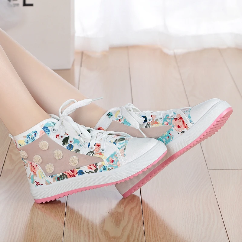 2018 Spring Fall Flat Canvas Shoes Big Girls Casual Floral High Top Mesh Gauze Splicing Sandals Kids Sports G602 | Детская одежда и