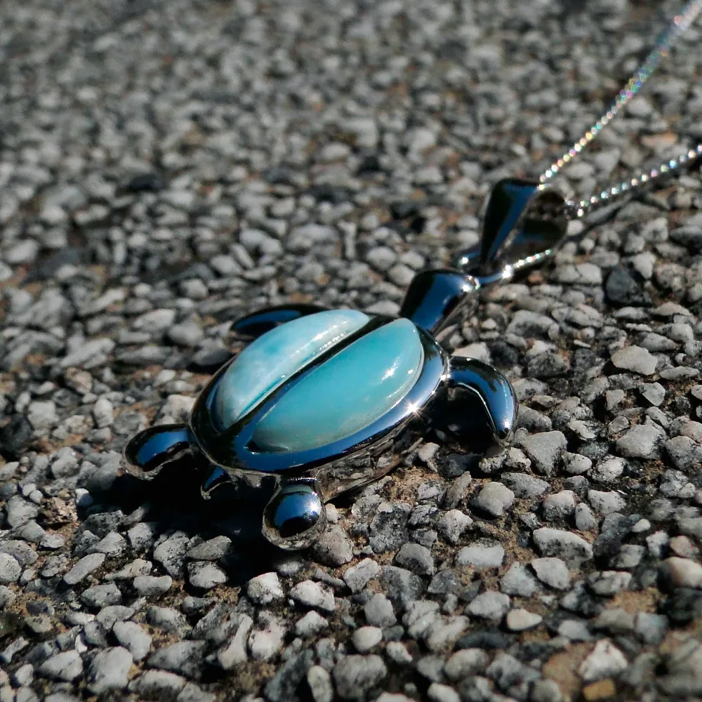 

DJ CH Blue Larimar Natural Stone Gemstone Sea Turtle Charm Pendant 925 Sterling Silver Fine Jewelry Pendant for Woman/Man