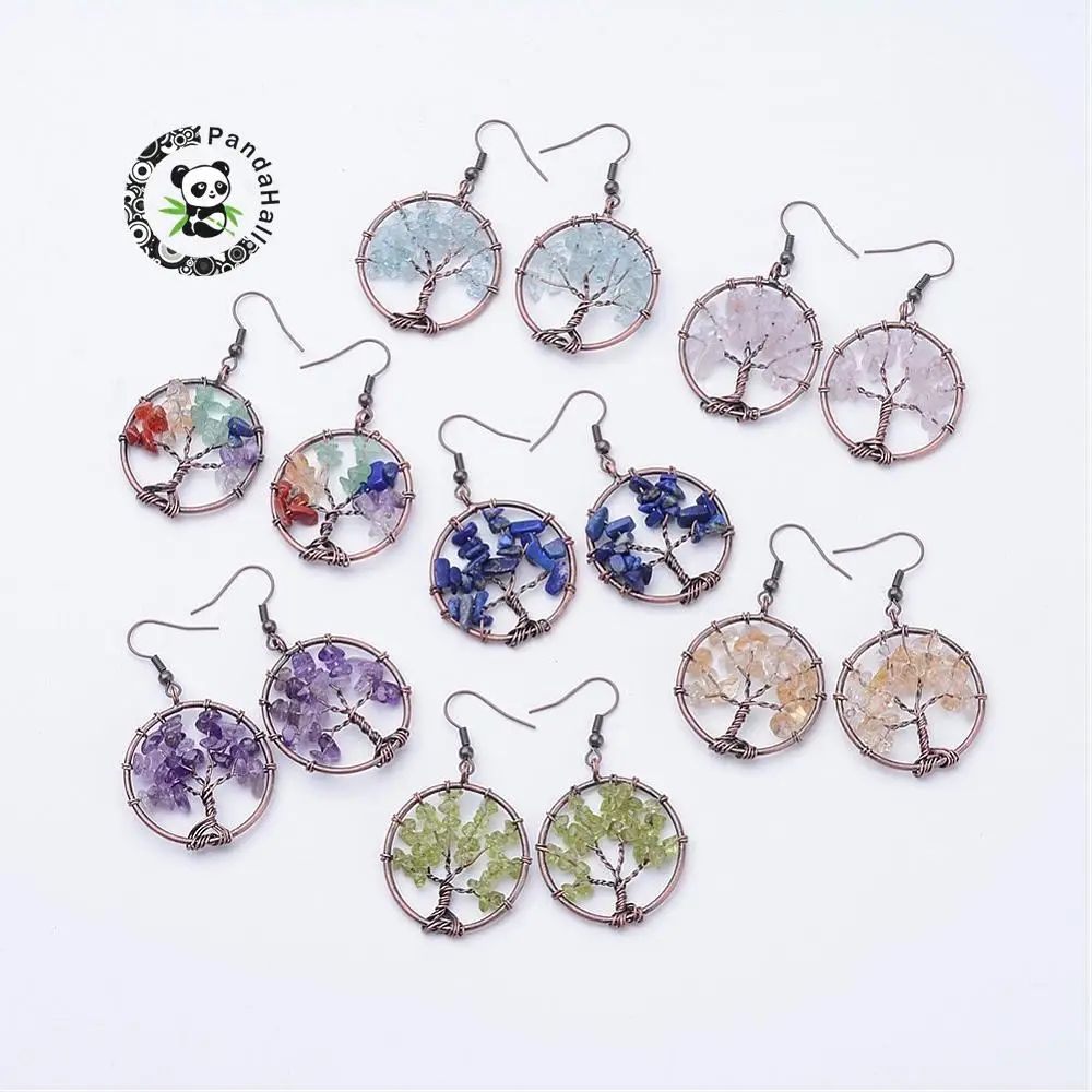 

PandaHall 10 Pair Natural Stone Dangle Earrings For Women with Red Copper Tone Brass Finding Flat Round 52mm Pin: 0.6mm