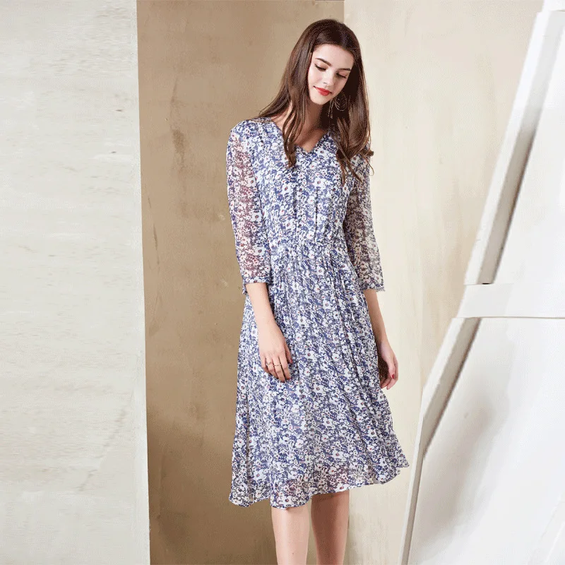 Новинка платья из 100% шелка с измельченными цветами летние шелковые средней и