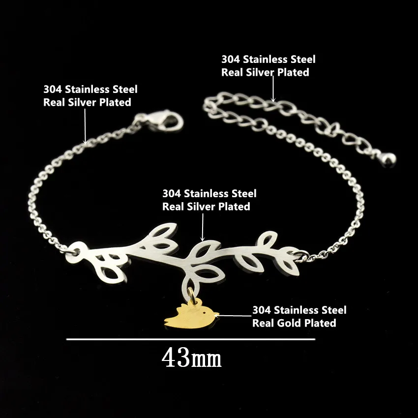 Цвета: золотистый серебристый Цвет Pulsera филиал птица Браслеты Нержавеющая сталь