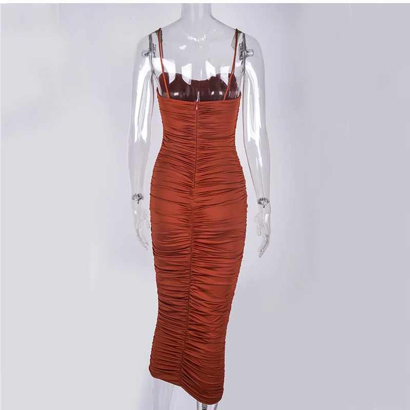 NewAsia 2 Layers Summer Dress Women Pleated Long Sexy Spaghetti Straps Ruched Party Brown Vestidos Robe Femme 2020|Женские платья| |