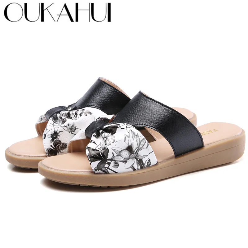 Женские шлепанцы с бантом OUKAHUI летние Нескользящие Шлепанцы из спилка и коровьей