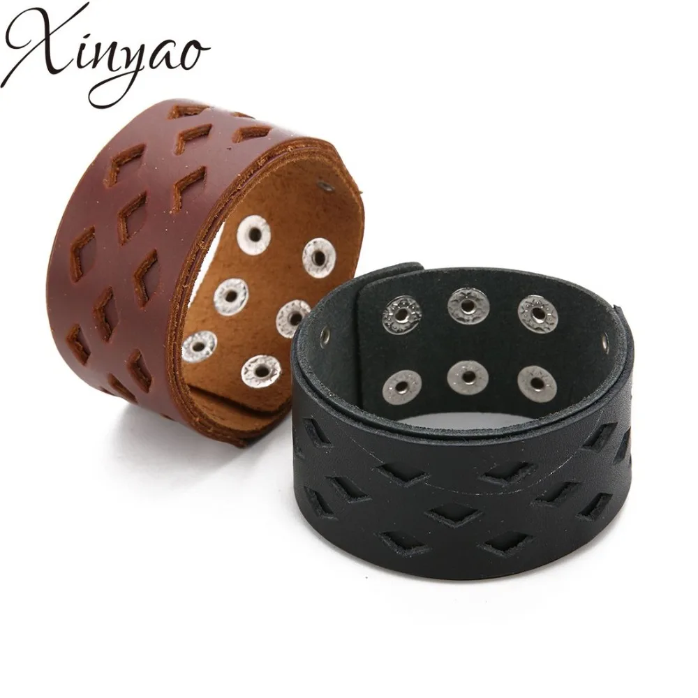 XINYAO 2019 Handmade Black Bronze PU Leather Bracelet for Women Men Cuff Bracelets &amp Bangles Jewelry Wristband Pulseira | Украшения и