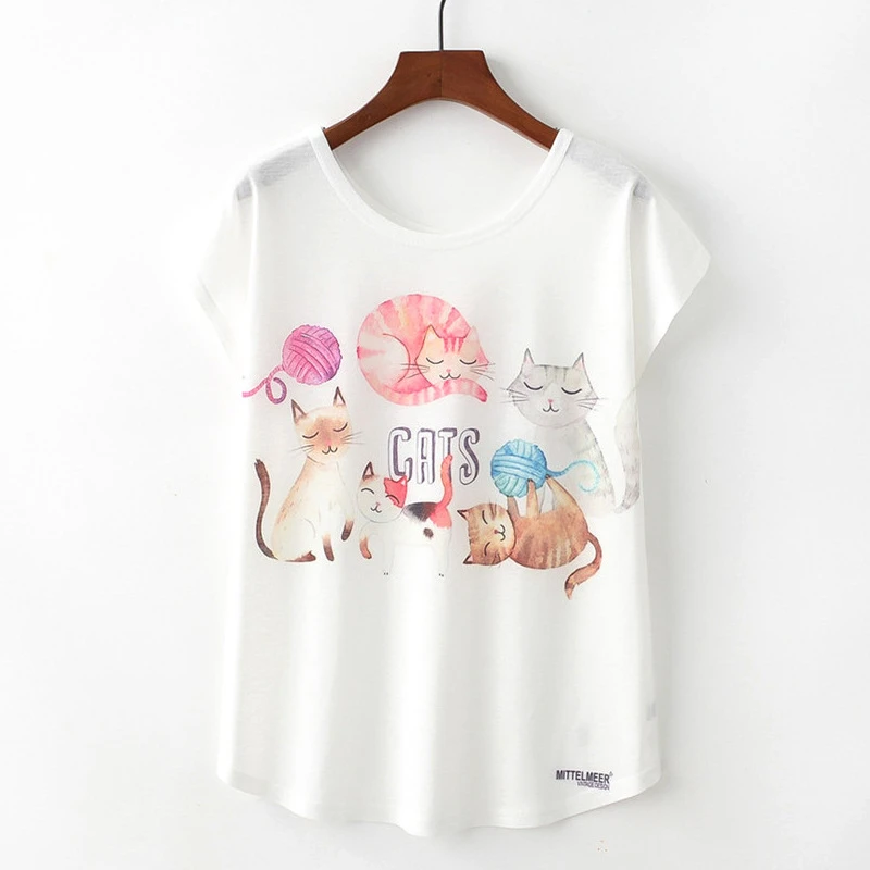 Женская футболка с круглым вырезом и короткими рукавами Five cute cat hair ball свободная