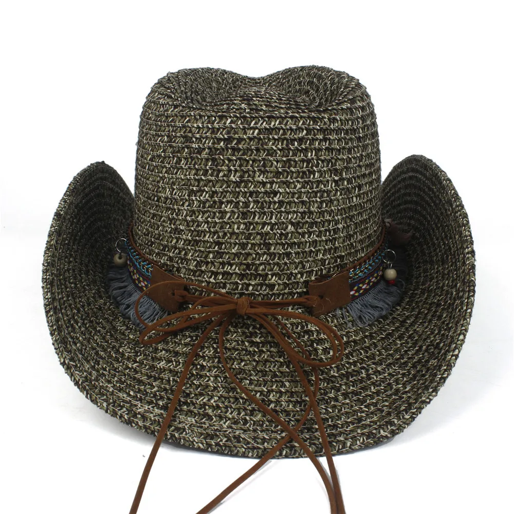 Женская летняя соломенная ковбойская шляпа с бахромой и отверстиями "богемный стиль" для пляжа, джаза и солнечных деньков размером 56-58 см.