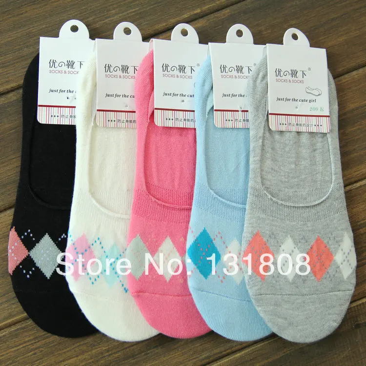 Women`s Diamond No Show Cotton Socks Low Cut Ankle Invisible Sock Women Elite Stealth Sox Slippers 5 Color Mix 10pairs/Lot 1425 | Женская