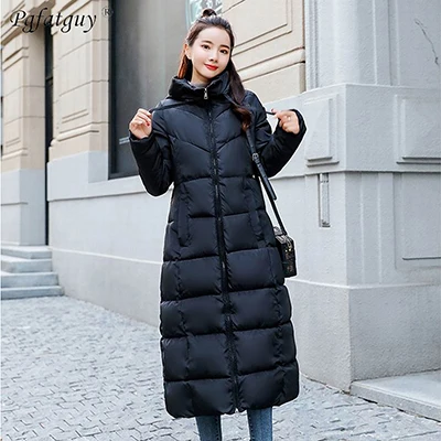 Черный Пуховики размера плюс 6XL,, модное женское зимнее пальто, длинное, тонкое, утолщенное, теплая куртка, пуховик с хлопковой подкладкой, верхняя одежда, парки - Цвет: Черный