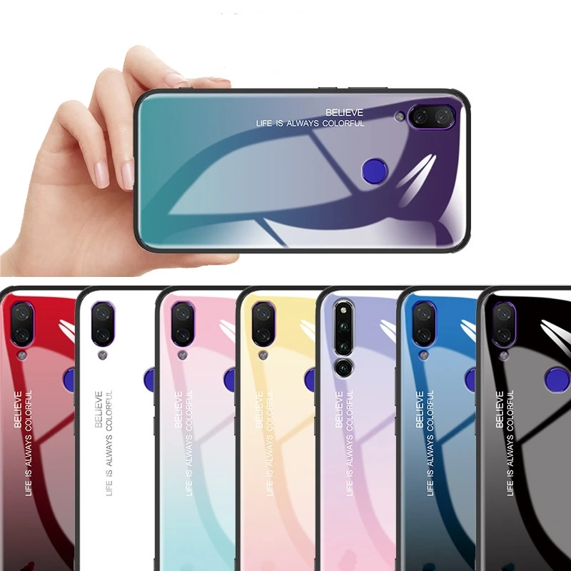 Tempered Glass Case for Xiaomi Redmi Note 7 Shockproof Colorful Gradient Soft Silicone Cover |