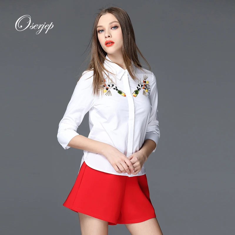 100% Хлопок 2016 Oserjep Лето Женщины Белая Кофточки 7 Очков рукавом Выключите Воротник