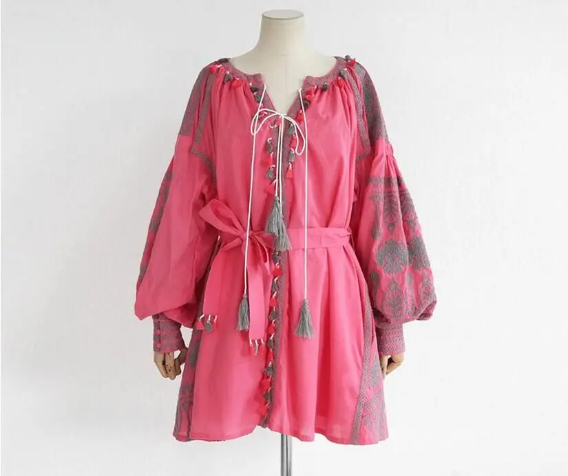 YACKALASI богемное длинное платье розовое с поясом Vestido свободное хлопковое вышитое