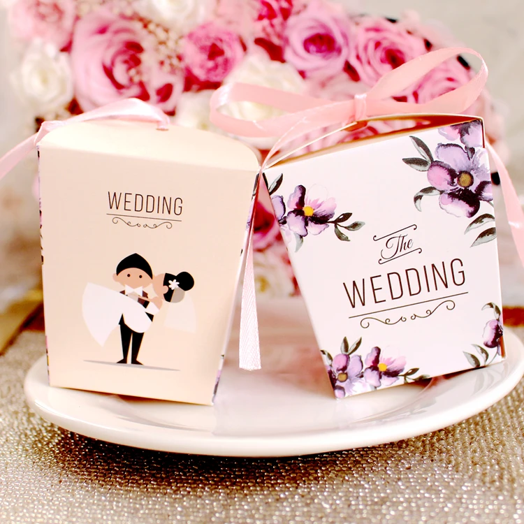 

20pcs/lot Bride and Groom Printed Wedding Decoration Candy Box With Pink Color Ribbon Sweet Party Favor Gift Box