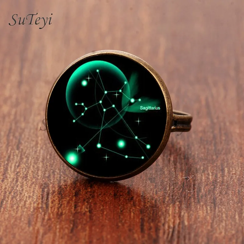 SUTEYI Ретро 12 кольцо созвездия DIY Овен, Телец Стрелец Gemimi Кристалл Кольца круглая картина под стеклом подарок ювелирные изделия - Цвет основного камня: bronze  Sagittarius