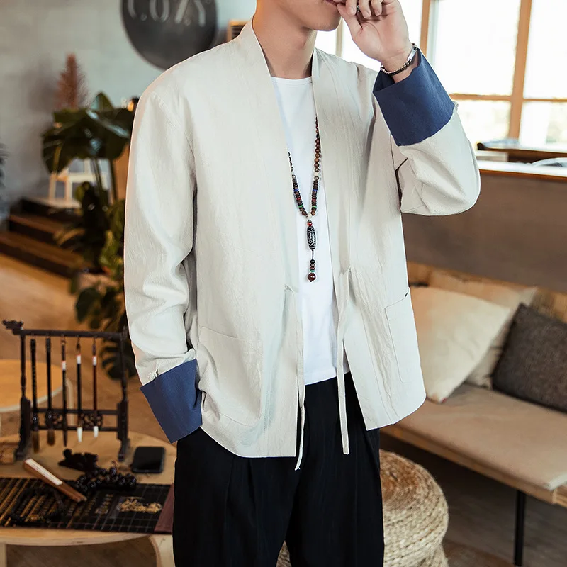 Chinese Style New Coat Large Size Men Kimono Patch Pocket Jacket Coarse Cloth Hanfu Linen Thin Male Plus M-5XL | Мужская одежда