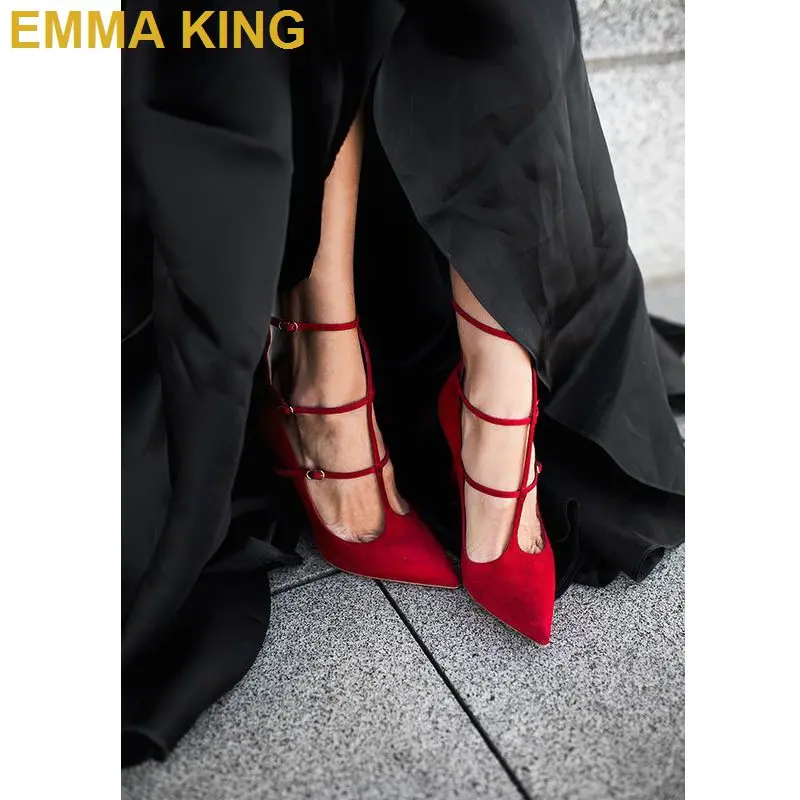 

EMMA KING Fashion T-Strap Women Pumps Shoes High Heels Pointed Toe Ankle Buckle Suede Wedding Party Shoes Stiletto Heels 35-43