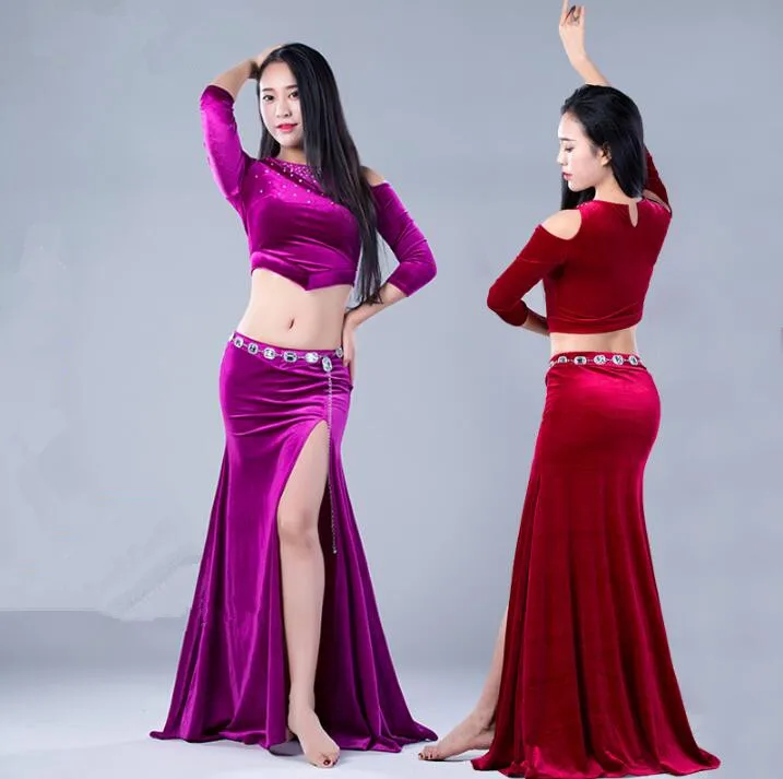 Осень-зима Для женщин комплект из 2 частей Bellydance костюм из бархата с длинными рукавами Блузка с боковыми юбка Корея Дизайн красный зеленый Black Rose