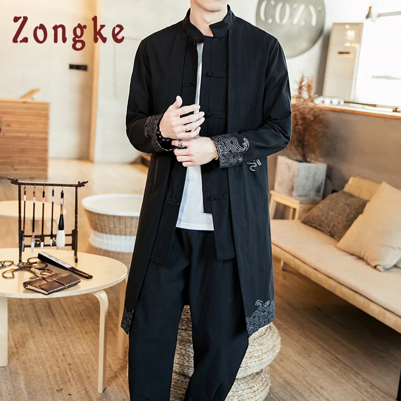 Zongke китайский национальный стиль Длинная ветровка мужская уличная Длинная Куртка мужская хип-хоп ветровка мужские куртки пальто