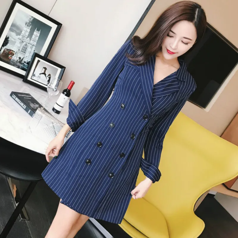 

Women OL Suit Striped Jacket Long Blazer Dress Deep V-Neck Dress Long Sleeves OL Suit Double-breasted Pencil Suits Dress Tops