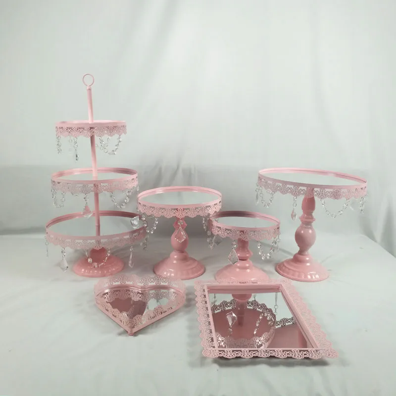 6PCS Pink 6 шт. золотой серебряный белый торт стенд набор круглый металлический кристалл десерт из кекса дисплей с пьедесталом Свадебная вечеринка дисплей - Цвет: 6PCS Pink