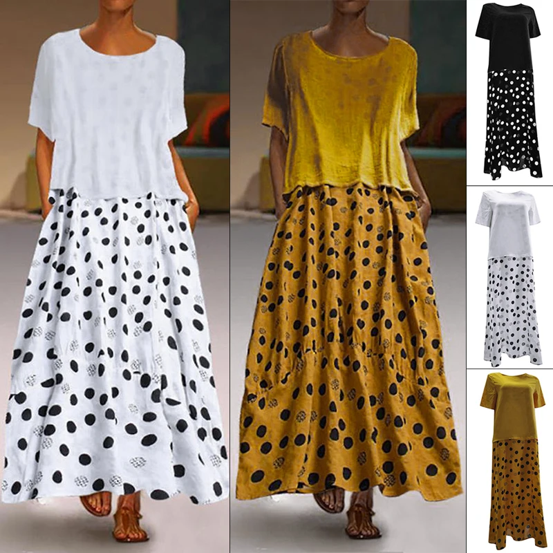 Летнее лоскутное платье с круглым вырезом в богемном стиле пляжное горошек