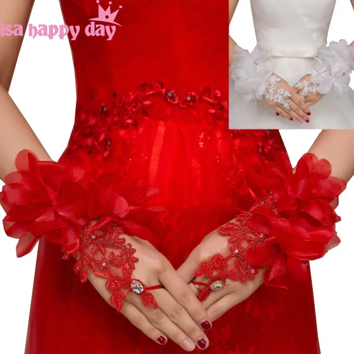 

Недорогие свадебные перчатки длиной до запястья, свадебные перчатки цвета слоновой кости с красными цветами для невесты, свадебные перчатки с бисером и кристаллами, аксессуары для невесты