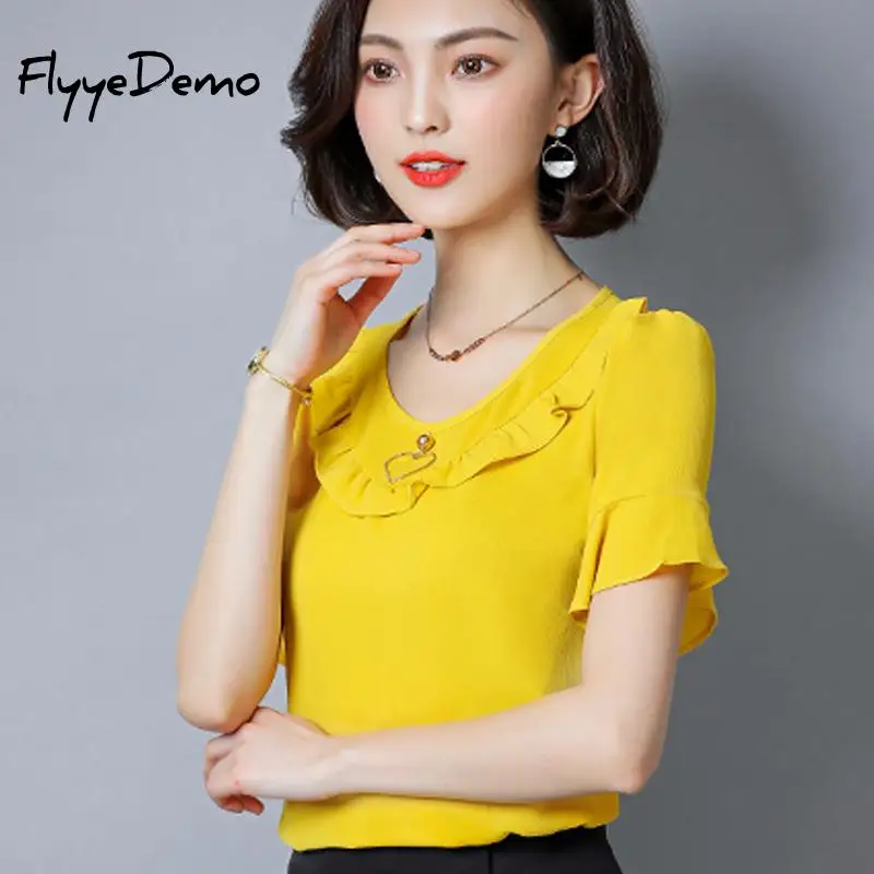 Розовый Бисер шифон баски Блузка футболки короткий рукав Для женщин 2018 новый