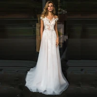 beach lace wedding dress 2021 v neck a line appliques tulle long princess vintage bridal dress custom made wedding gown