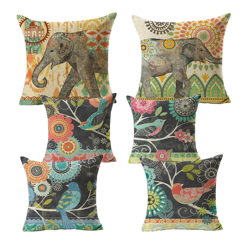 Monily чехол для подушки с мультяшным принтом Индийский Слон Ретро Птица цветком
