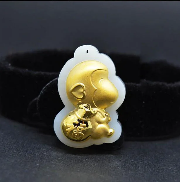 

Natural White Hetian Jade + 18K Solid Gold Inlaid Carved Monkey Lucky Pendant + Rope Necklace Fine Jewelry + Certificate